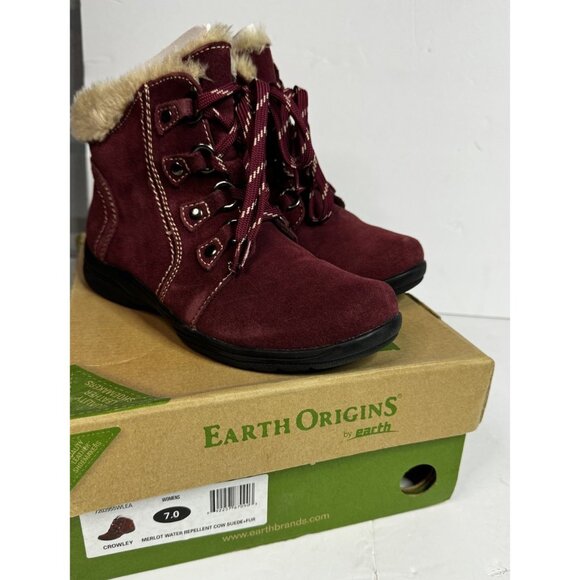 Earth Origins Womens Crowley Ankle Boots Water Repellant Suede Faux Fur Merlot 7 - Picture 2 of 14